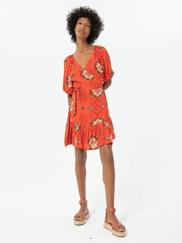 Vestido Corto Bambula Estampado Naranja